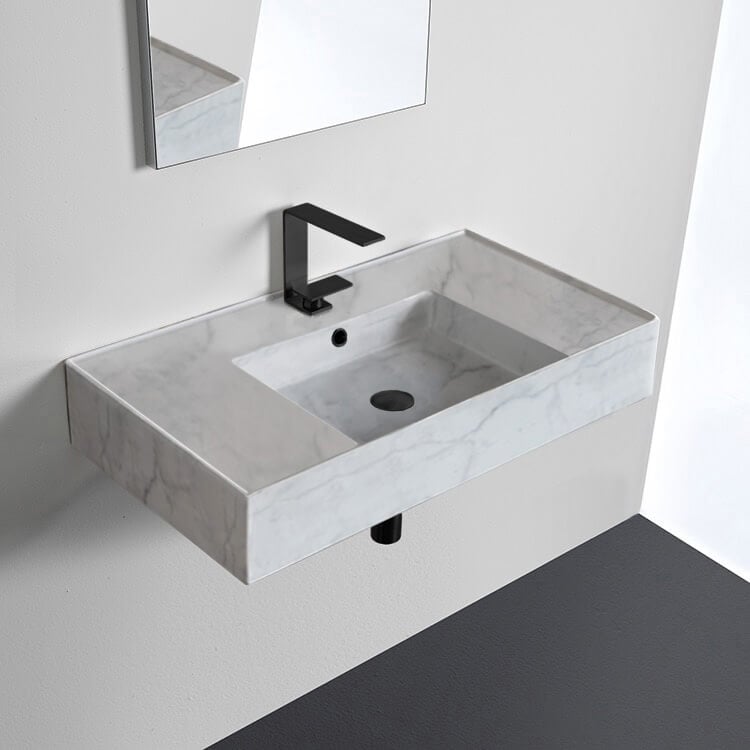 Scarabeo 5123-F Marble Design Ceramic Wall Mounted or Vessel Sink With Counter Space